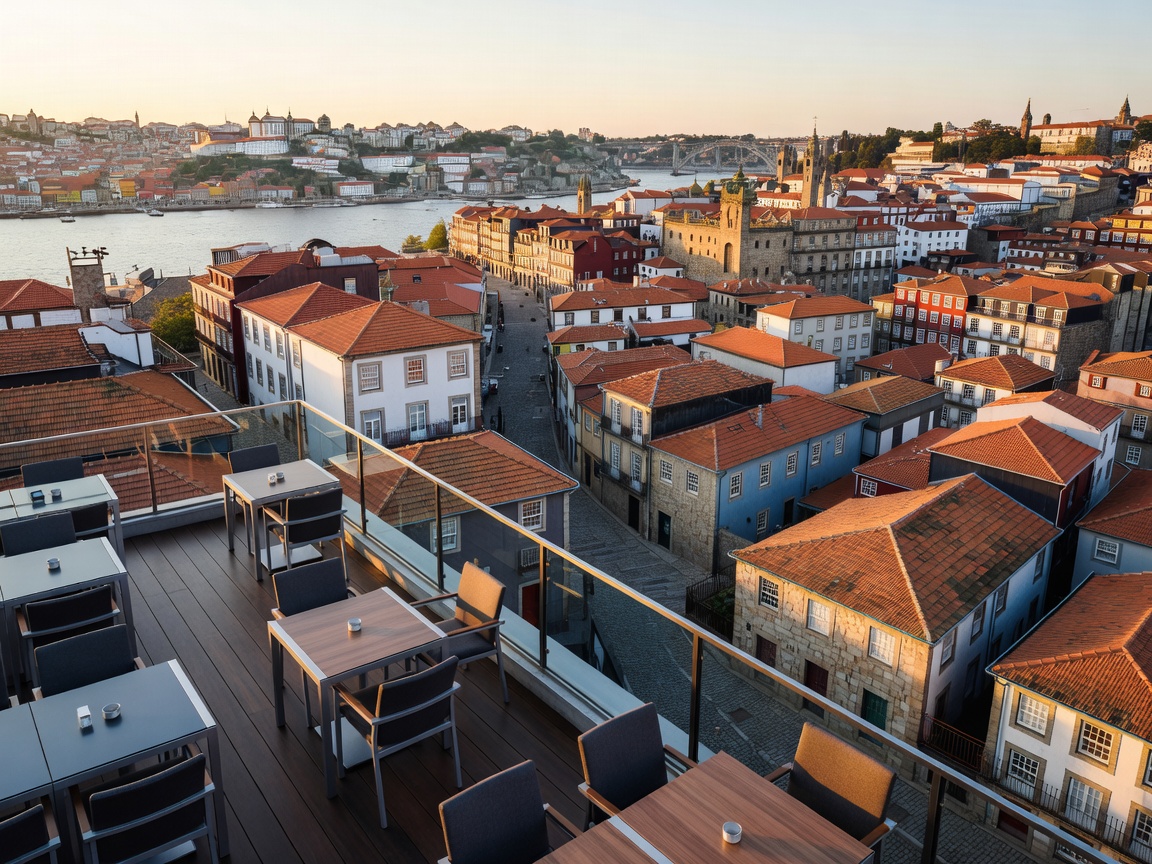 17th Restaurant and Bar rooftop terrace high over Porto historic center