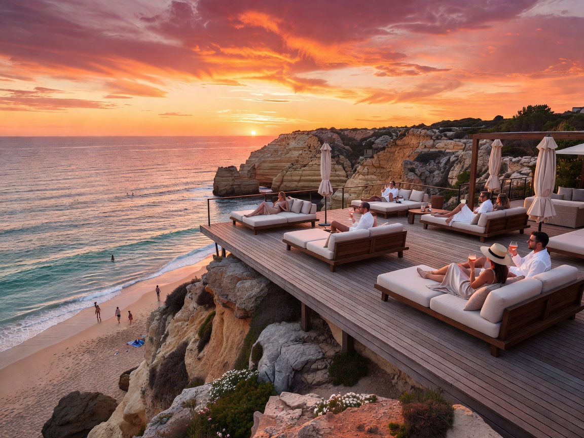 Algarve cliffside rooftop beach club at sunset