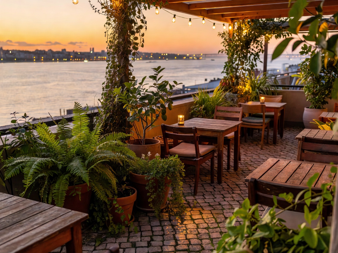 Java Rooftop Cais do Sodre riverside view with warm lighting and plants