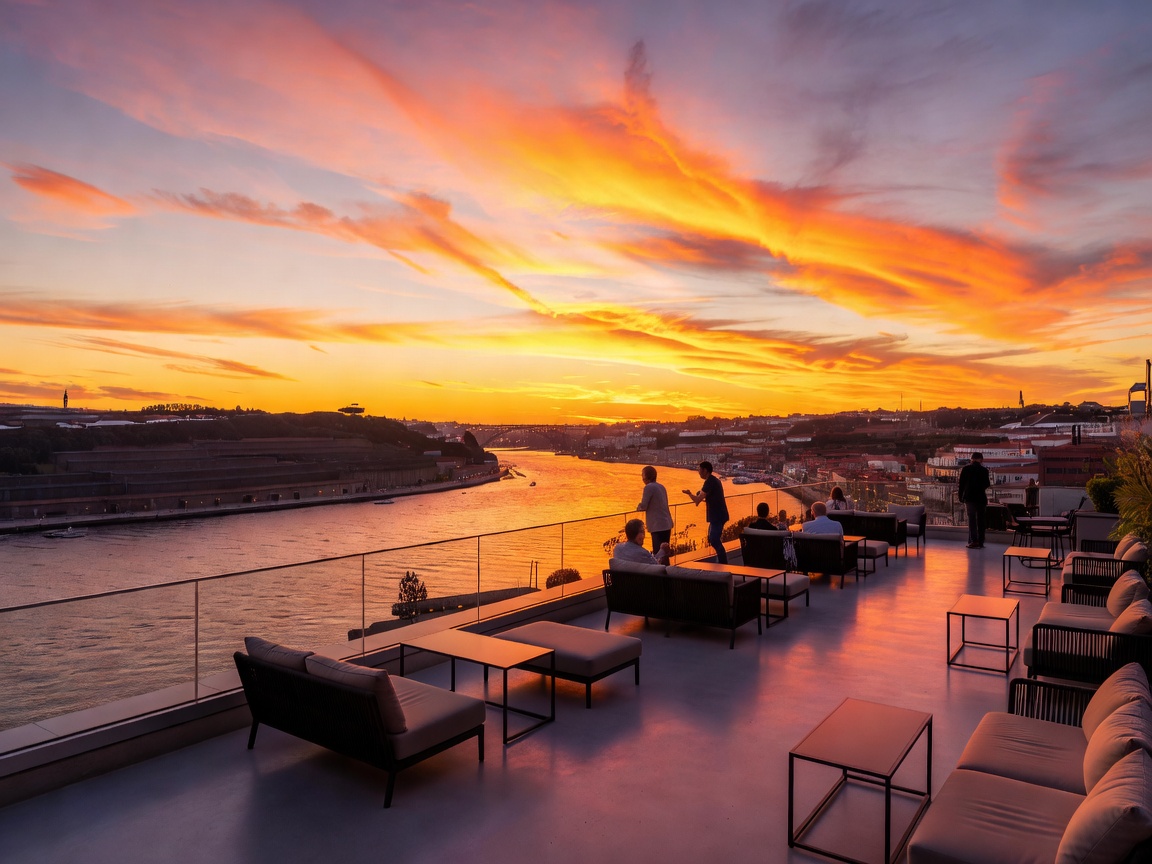 Mirajazz rooftop terrace in Porto with sunset Douro river views