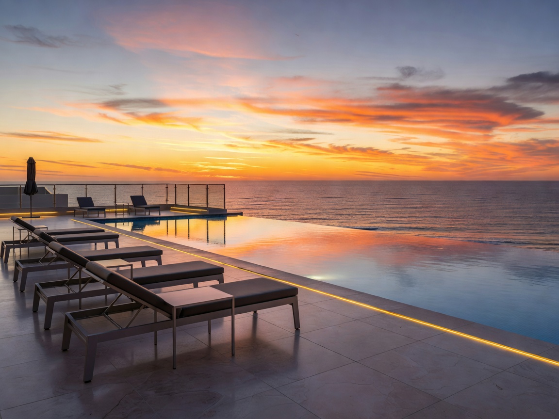 NoSoloAgua Portimao rooftop terrace with ocean sunset and swimming pool