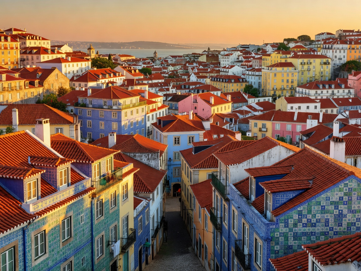 Panoramic view of Lisbon red roofs and tiled facades at golden hour