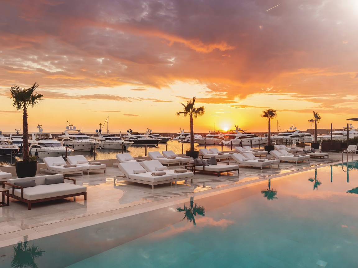 Purobeach Vilamoura rooftop pool club with sunset over marina yachts