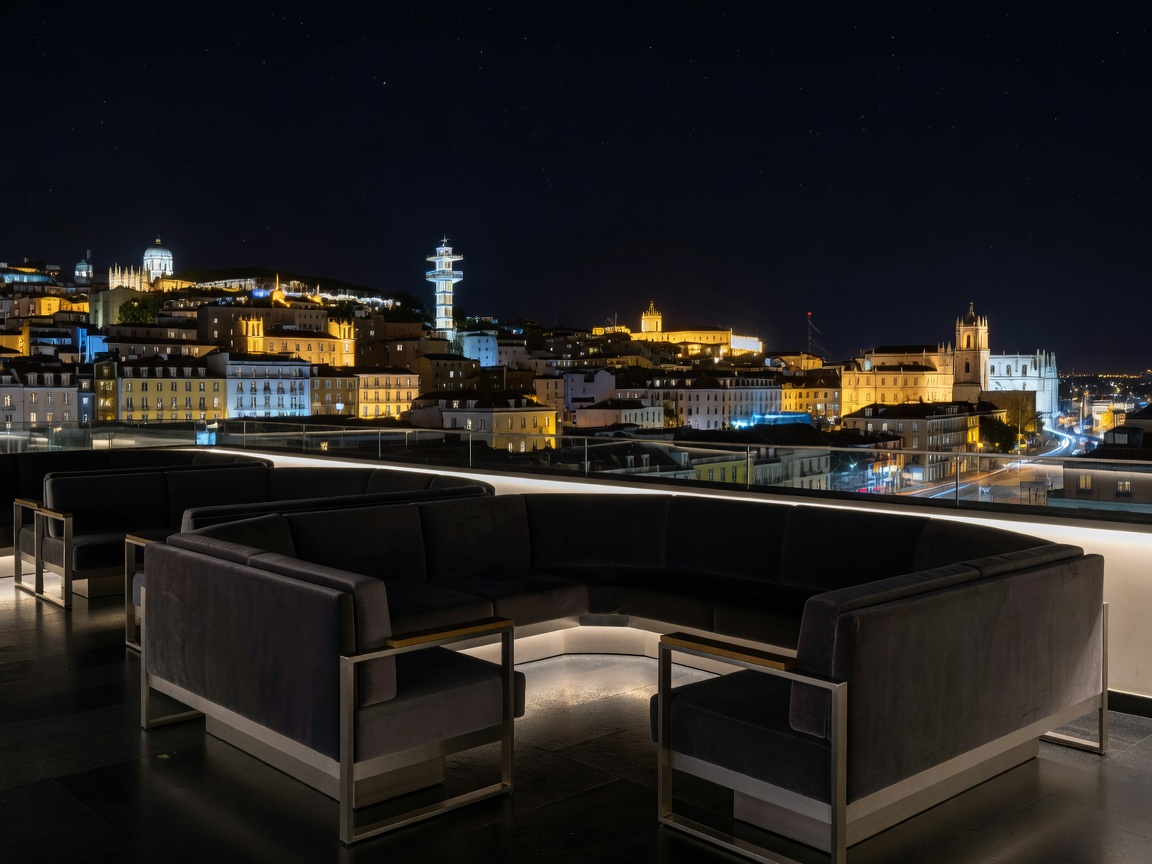 Silk Club Chiado Lisbon nighttime skyline and sleek outdoor banquettes