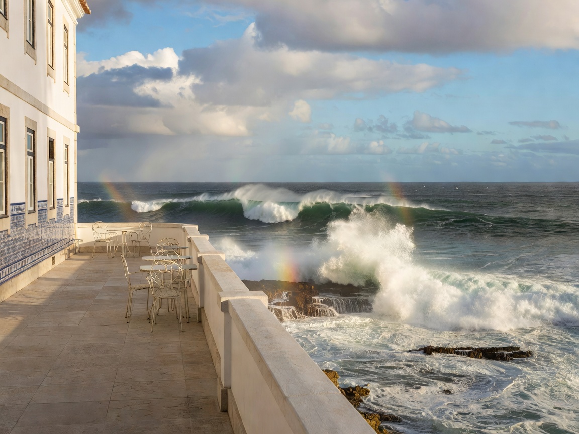 The Albatroz Ocean Terrace Cascais looking over crashing Atlantic waves